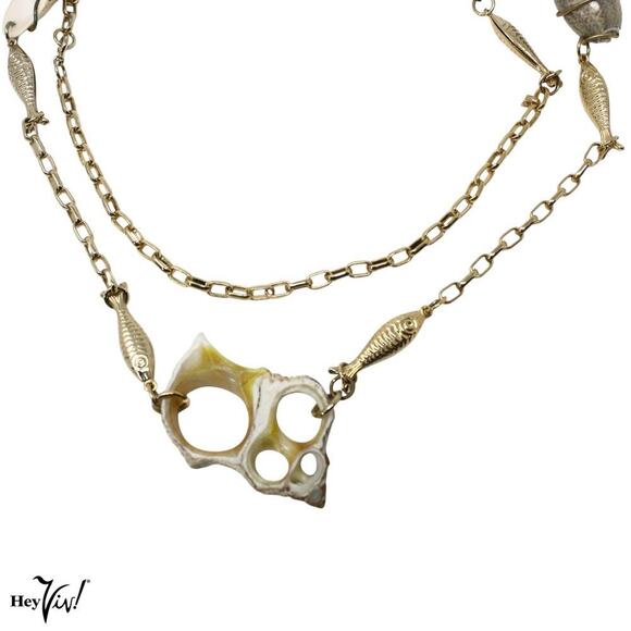 Vintage Necklace Gold Metal Chain Real Shells and Tiny Fish 38" Long - Hey Viv - Picture 5 of 7